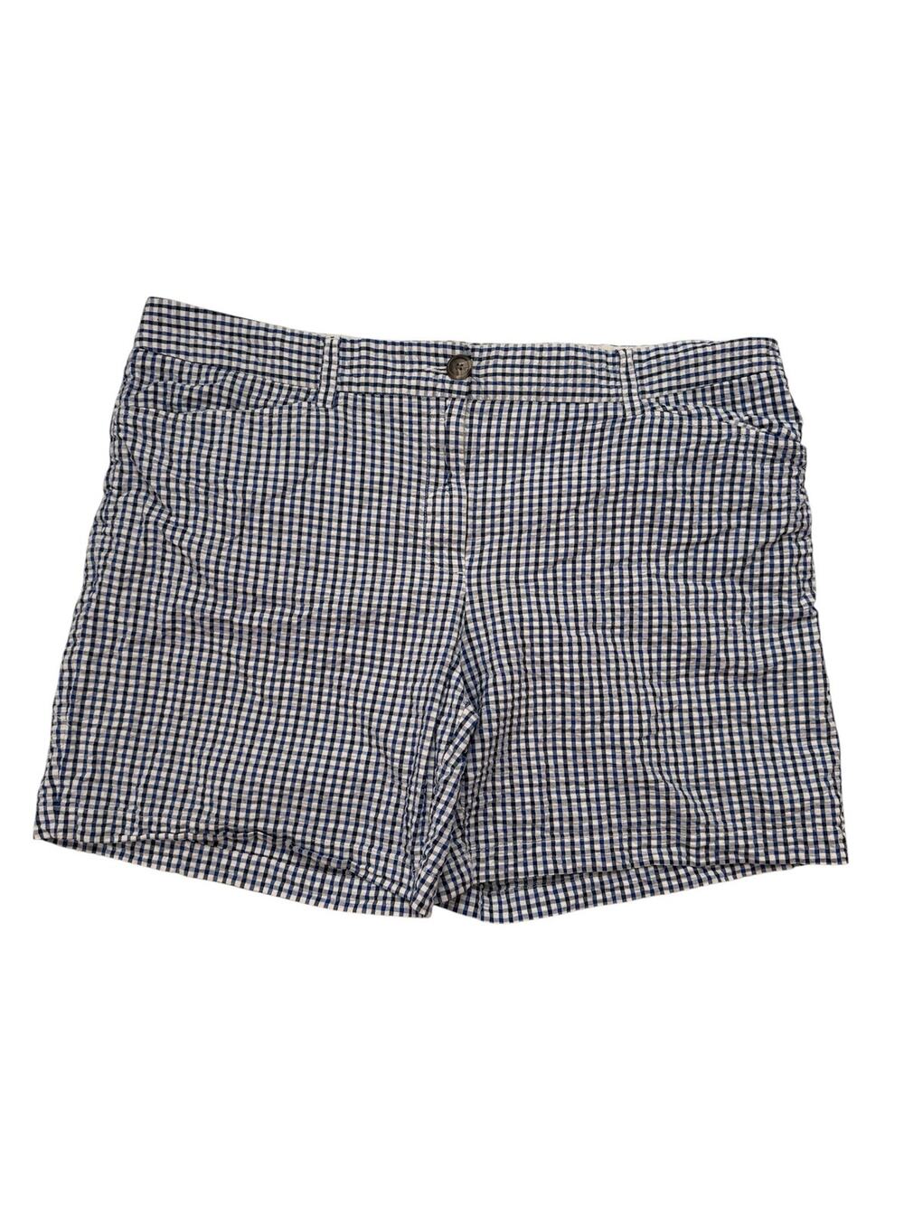 LANDS END Seersucker Fit 2 Shorts Size 16 Womens Blue White Mid Rise 100% Cotton